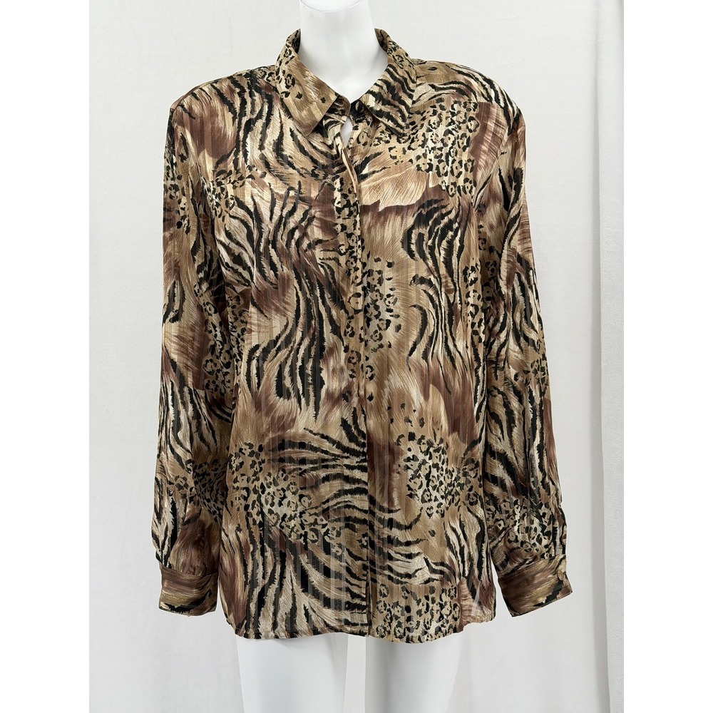 Alfred Dunner Top Womens 22W Tan Animal Print Sheer Button Up Metallic Safari